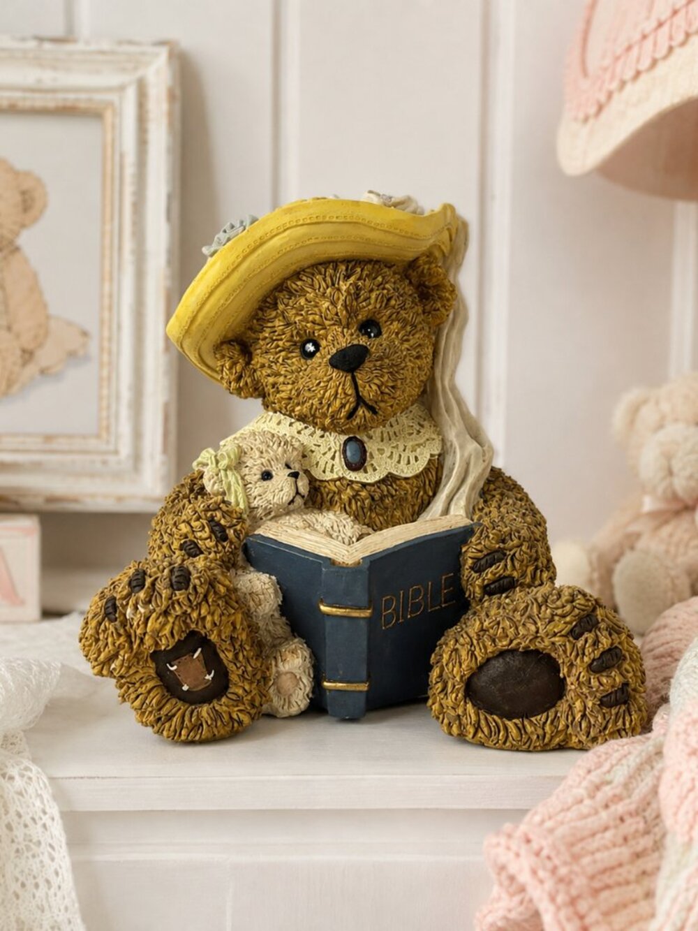 Vintage Young's Teddy Bear Reading Bible Figurine, Mother Bear & Cub, Christian